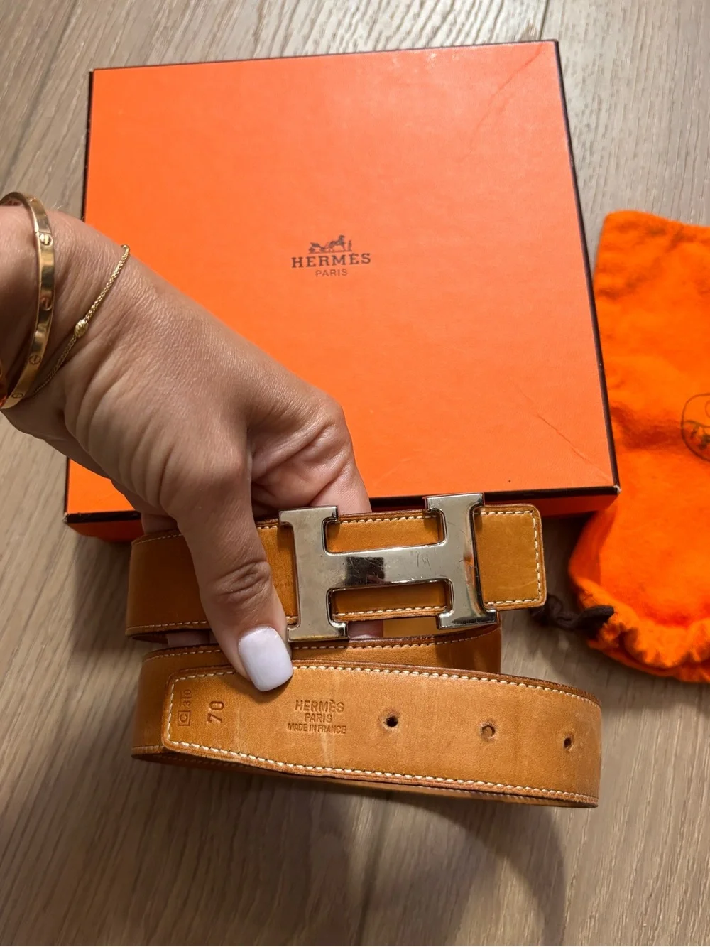 Authentic HERMES brown leather H silver Constance buckle belt 70cm